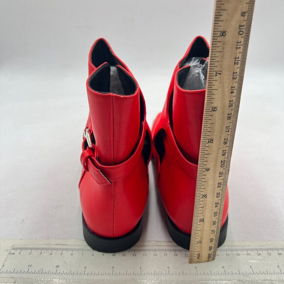 Red Women Square Toe Low Heel Ankle Booots Buckle Comfort Shoes - Picture 4 of 7